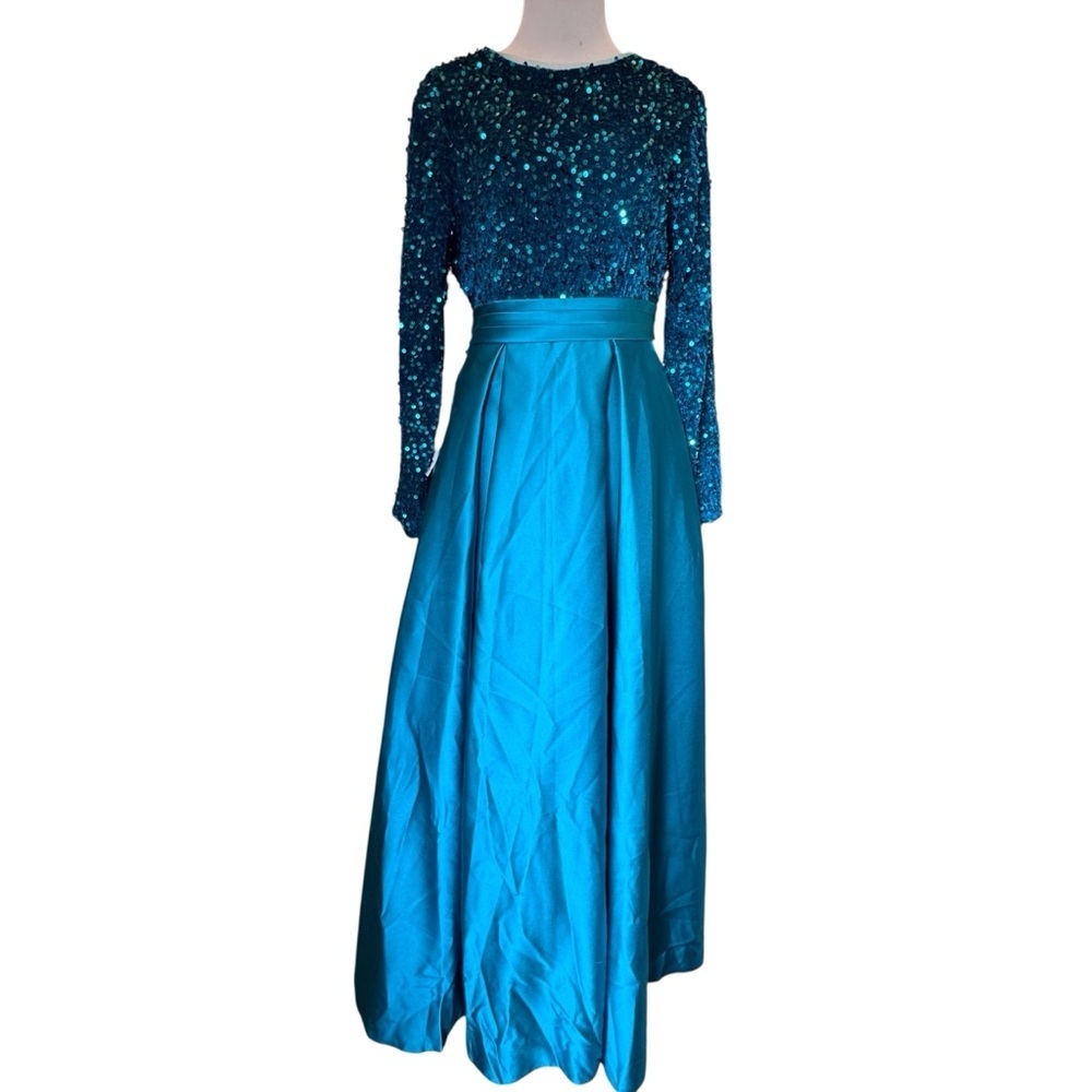 Girls Junior Formal Dress long-sleeve satin gown sequin bodice sash bow size 16